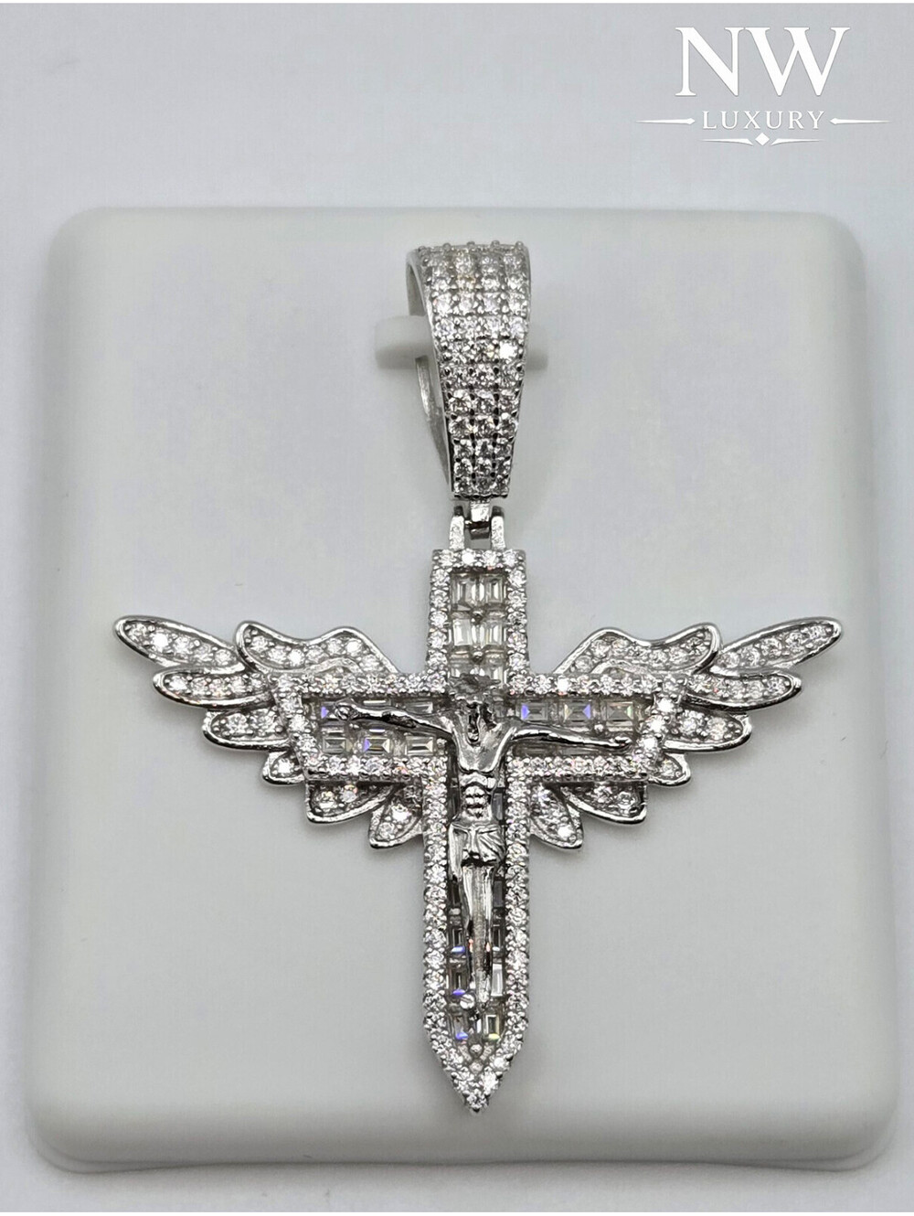 Solid 925 Sterling Silver 3.0CTW MOISSANITE Wings Jesus Cross Crucifix Pendant